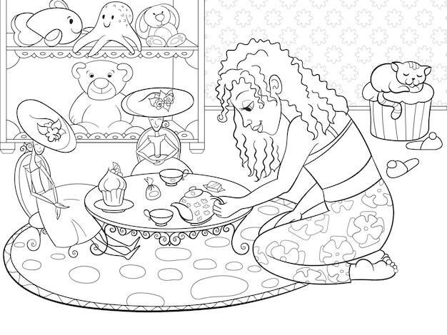 Children coloring vector girl in childrens room playing with dolls