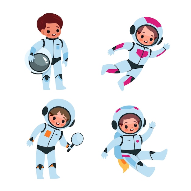 宇宙服と宇宙のヘルメットを着た子供たち銀河コレクションの子供宇宙飛行士探検家無重力天文学ベクトル漫画で飛んでいる小さな男の子と女の子の宇宙飛行士分離された幼稚なセット