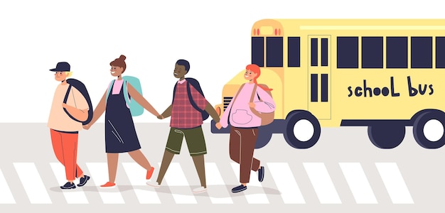 Children crossing road on crosswalk. group of cute schoolchildren pedestrians on street zebra holding hands. cross road safely concept. cartoon flat vector illustration