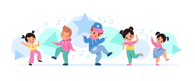 Children dancing happy kids move to melody together little music fans cute boys and girls among notes friendly dance battle dance studio and art class vector cartoon concept