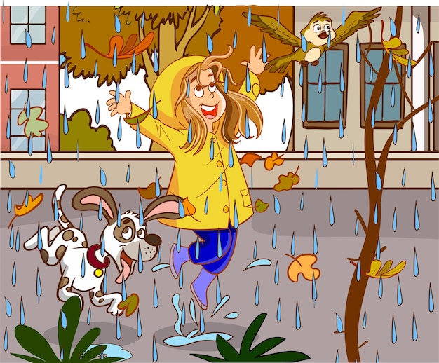 Vector children dancing in the rain cartoon vector