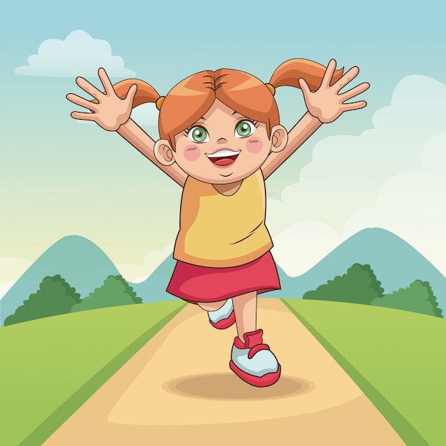 La giornata dei bambini è felice. ragazza carina sul prato. bambino che corre sulla strada