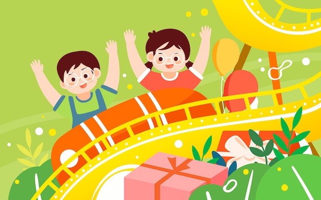 Children day kids ride on roller coaster in playground with plants and gift boxes in background