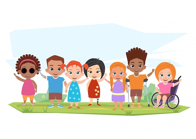 Vector children of different disabilities and healthy children posing,