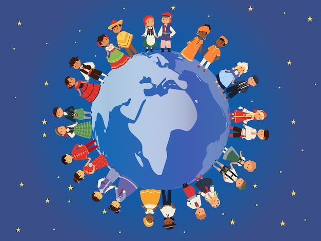 Children of different nationalities around earth illustration. Kids characters in traditional costume national dress