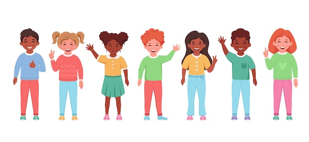 Vector children of different nationalities smiling and waving hands