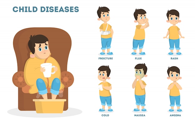 어린이 질병을 설정합니다. 감기와 독감, 식중독 및 외상의 증상.