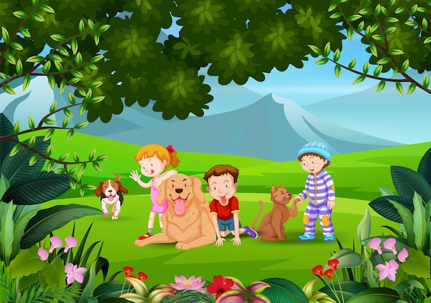 Vector children and dogs in the park vector art illustration