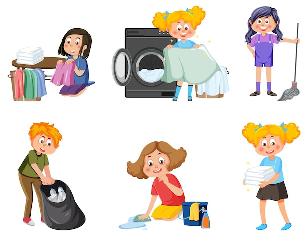 Children doing housework characters set