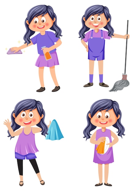 Children doing housework characters set