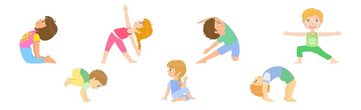 Vector 異なるアサナ・ベクトル・セットでヨガの身体運動をしている子供たち
