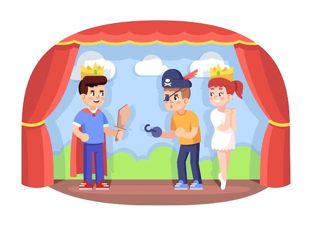 Children drama club flat vector illustration. School play. Young theatre troupe. Extracurricular activities. Development of acting skills. Kids acting performance on stage cartoon characters