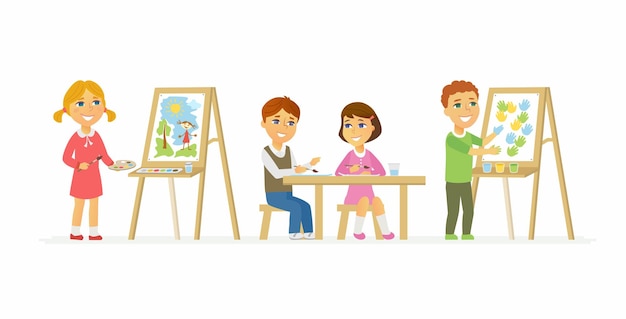 Vector children drawing in class  cartoon people characters isolated illustration