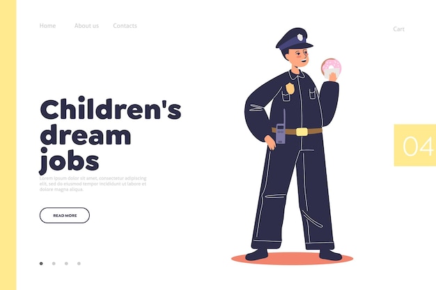 Children dream job concept of landing page with kid policeman small boy work as police officer