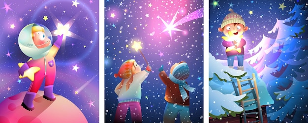 Vector children dreaming about stars magical kids dream