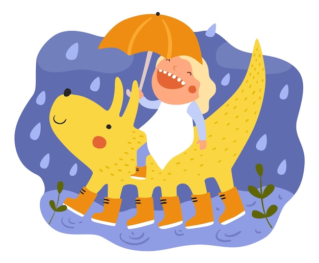 Children dreams Little dreamer with fictional friend Girl and bizarre animal walking together in rain Cute monster and kid with umbrella Vector baby and imaginary creature friendship