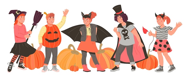 Vector children dressed in halloween fancy costumes for party flat vector isolated