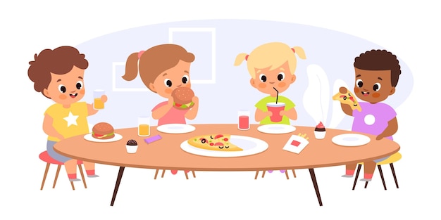 Vector children eat together happy kids sitting common table junior students have lunch young friends take fast food and snacks hungry boys and girls with hamburgers and drinks vector cartoon concept