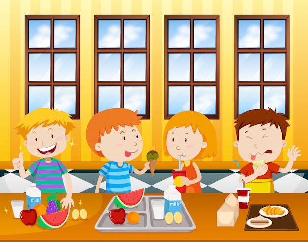 Vector children eating in a cafeteria