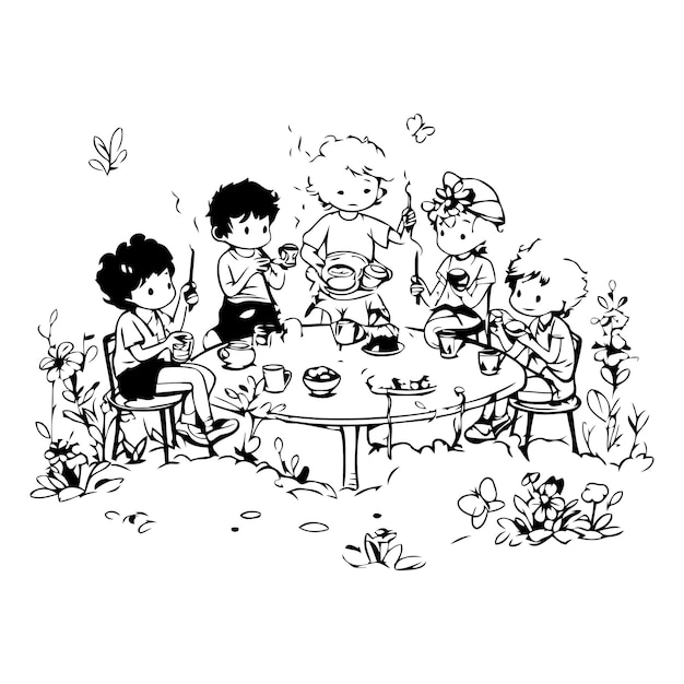 Children eating at the table in the garden on white background