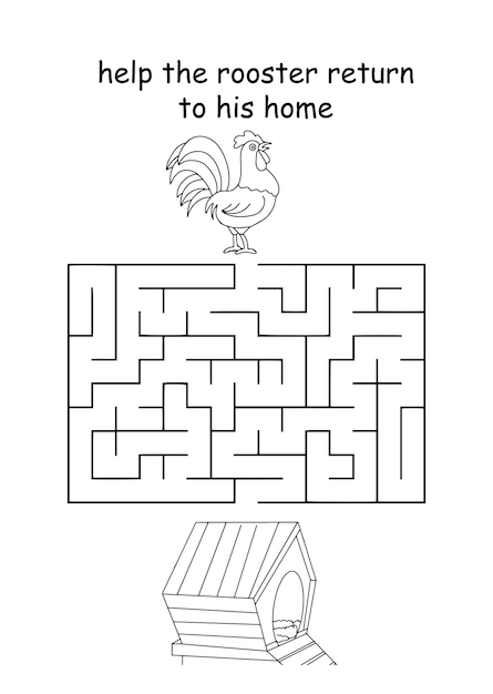 Children education page maze 10 chicken rooster ilustration