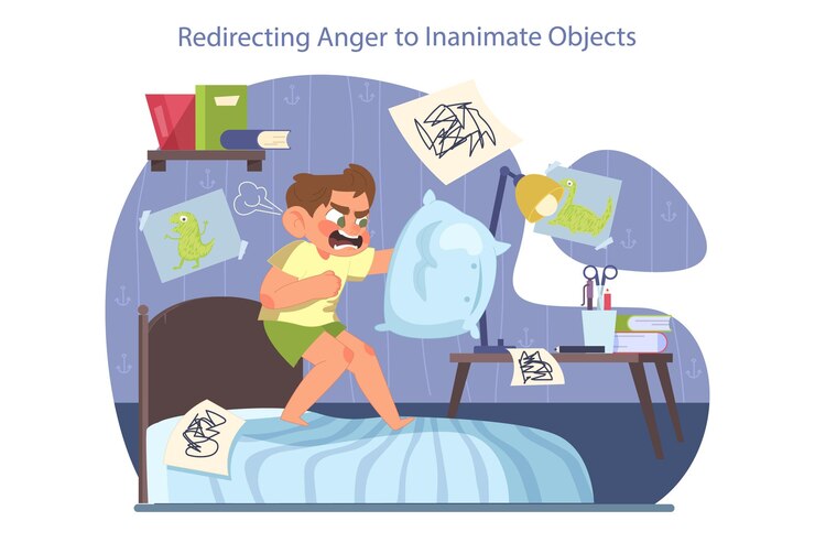 Vector children emotions little kid expressing and redirecting the anger to inanimate object child