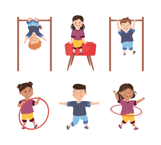 Children Engaged in Physical Education Doing Various Sports During Class at School Vector Illustration Set Kids Practicing Exercise in PE Concept