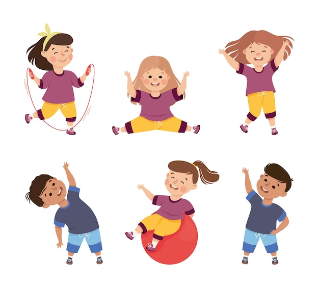 Children Engaged in Physical Education Doing Various Sports During Class at School Vector Illustration Set Kids Practicing Exercise in PE Concept