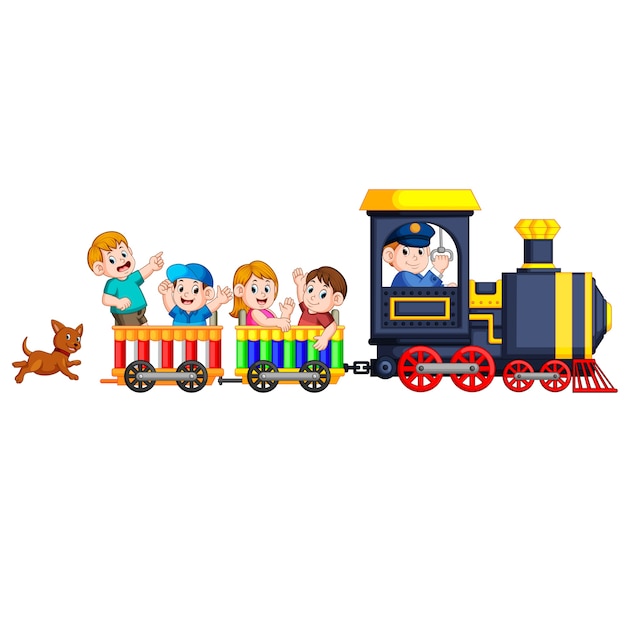 Children and engineer of locomotive  get into the train and the dog follow them