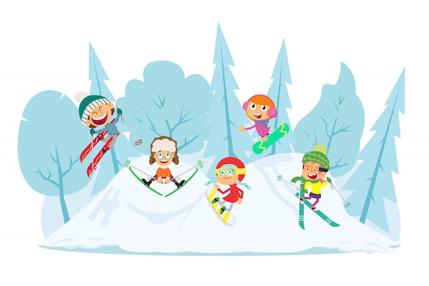 Vector children enjoy winter sports.