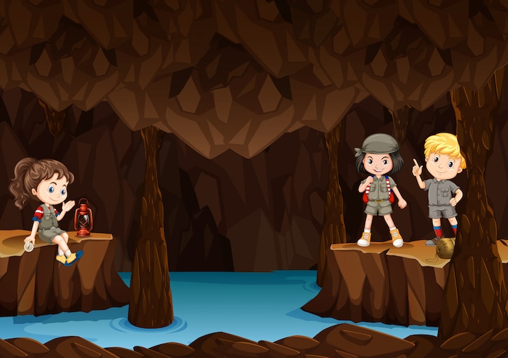 Vector children exploring the cave