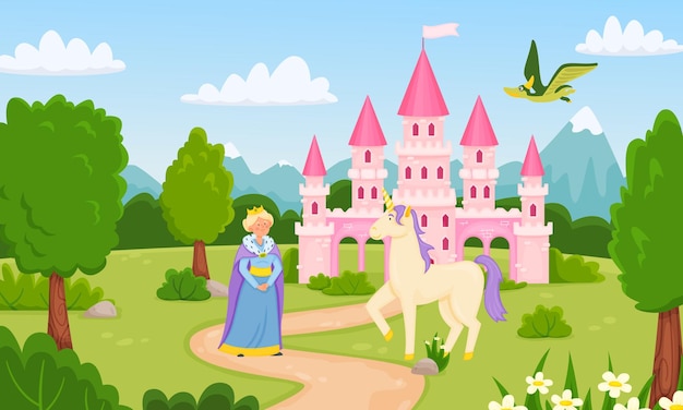 Children fairy tale vector illustration medieval pink castle with queen and fictional unicorn flying dragon royal kingdom with beautiful landscape magic palace for kids vector illustration