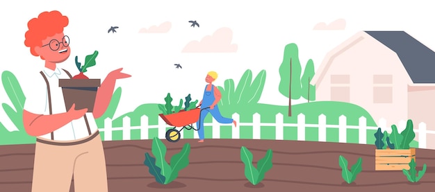 Children farmer or cottager characters working in garden planting sprouts to ground, care of plants. kids active outdoors hobby, gardening and farming works at summer. cartoon vector illustration