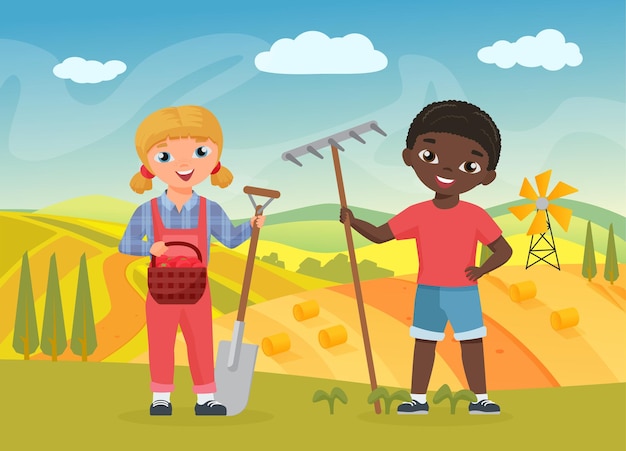 Children farmers with work tools funny boy girl workers holding shovel and pitchfork