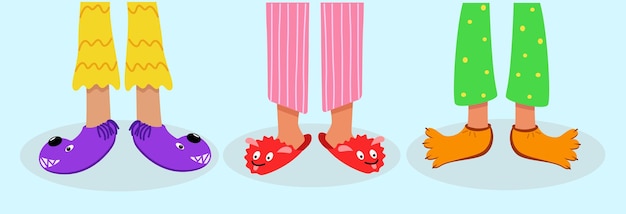 Children feet in colored pajamas and funny slippers. Vector illustration of home sleeping clothes and shoes. The concept of a pajama party,