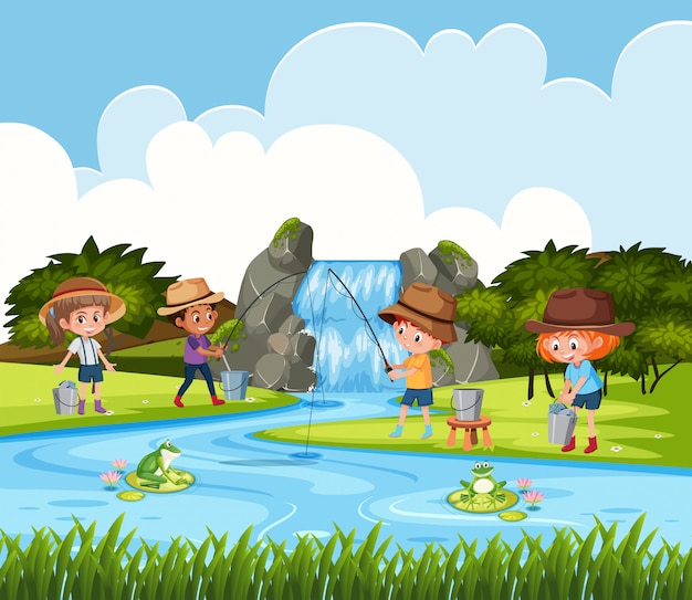 Vector children fishing in outdoor scene