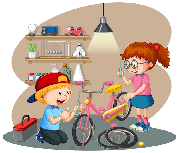 Children fixing a bicycle together