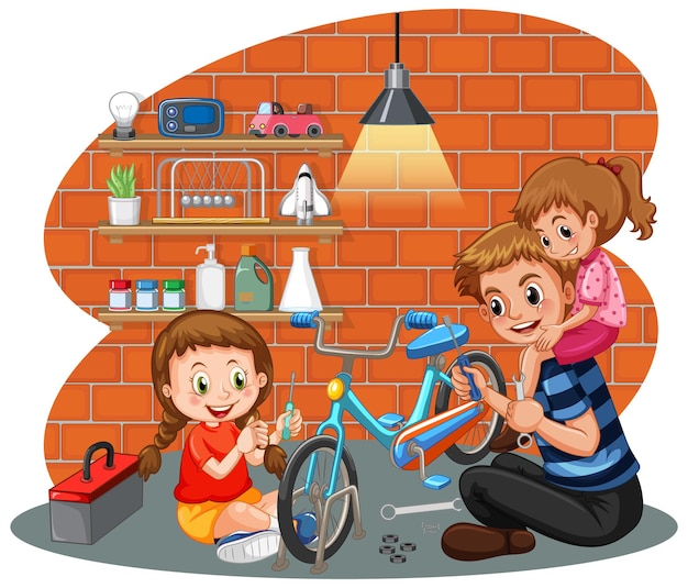 一緒に自転車を修理する子供たち