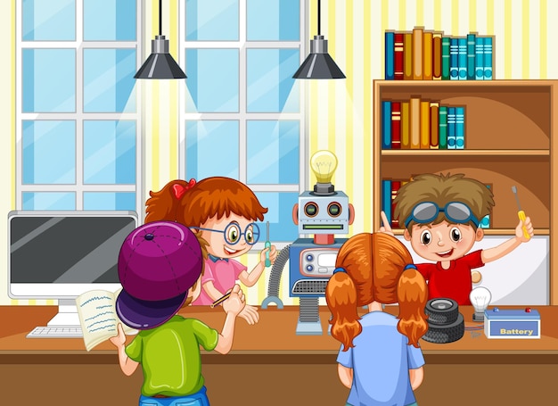 Children fixing a robot together in the room scene