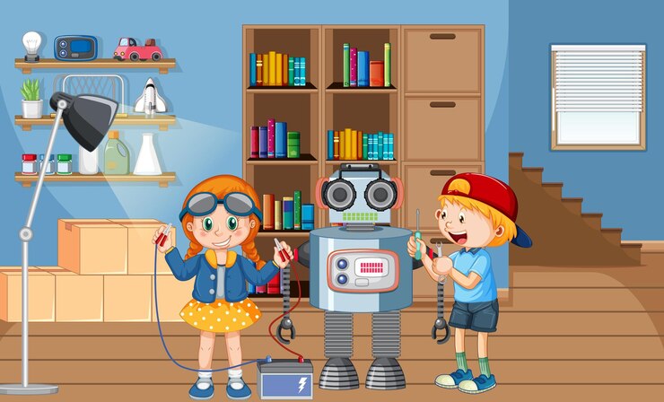 Vector children fixing a robot together in the room scene