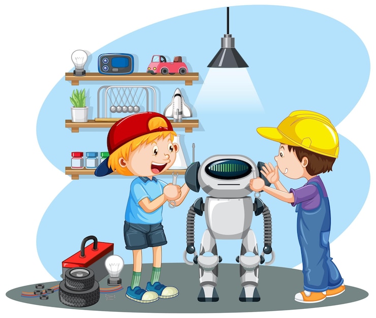 Vector children fixing a robot together