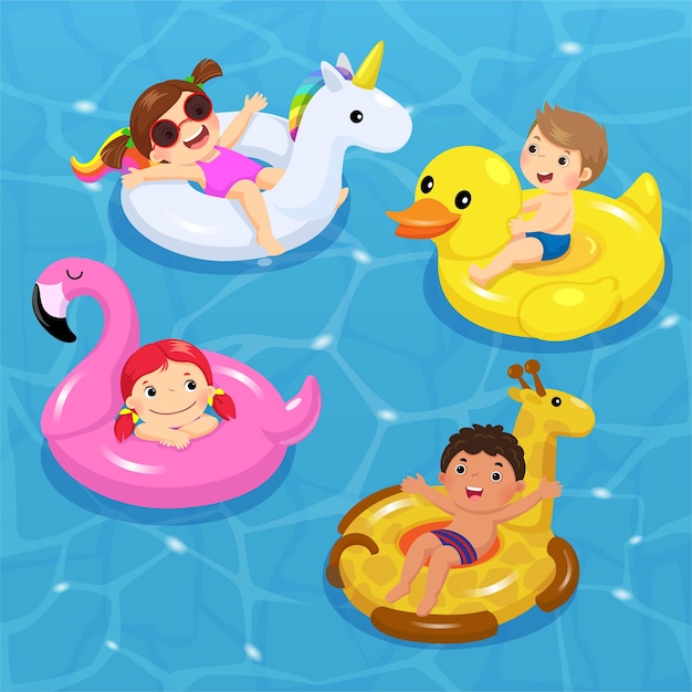 of children floating on inflatable in shapes of unicorn, duck, flamingo, giraffe