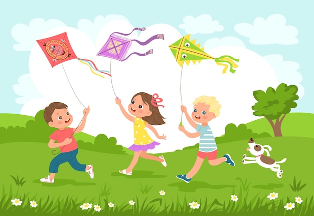Children fly kites Happy cute kids running and launch air toys together in nature Bright color objects Different controlled things Summer leisure Joyful girl and boys play outdoor Vector concept
