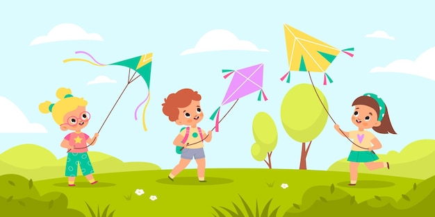 Children fly kites Kids launching air toys in nature outdoor games and hobbies friends play together in summer park landscape boys and girls with colorful controlled kite vector cartoon concept