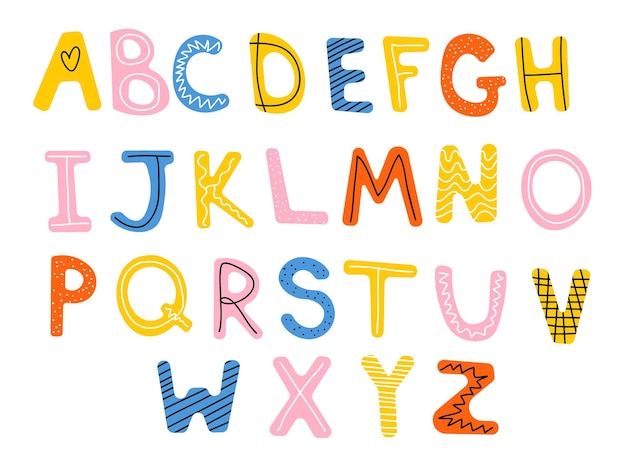 Vettore carattere per bambini in stile cartone animato set di lettere multicolori per iscrizioni illustrazione vettoriale di un alfabeto eps