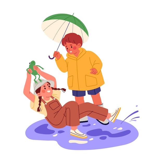 Children friends walking outdoors in rain Afraid boy and girl slipping and falling down into puddle holding frog Funny cute kids Flat graphic vector illustration isolated on white background