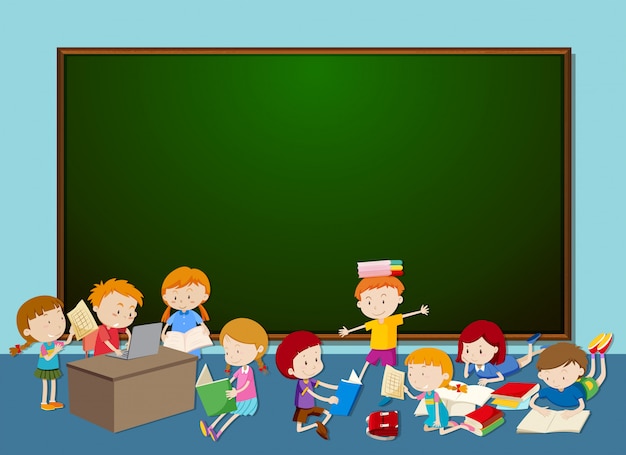 Children in front of chalkboard