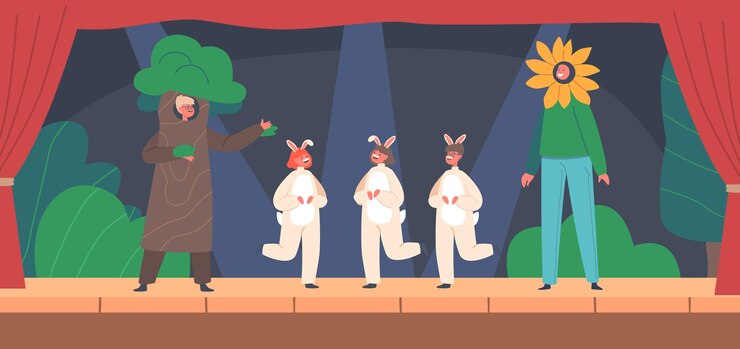 Vector 나무 해바라기 토끼의 재미있는 의상을 입은 아이들은 연극 장면에서 학교 공연에 참여합니다. 어린이 예술가