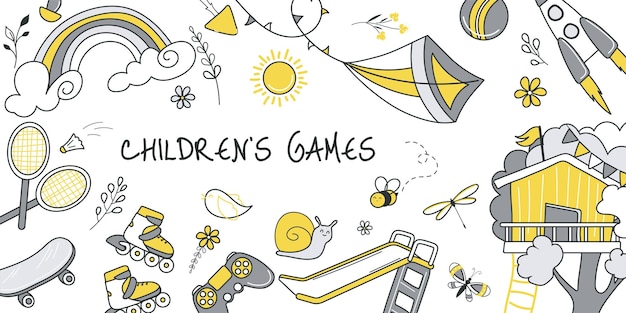 Children games concept for banner design with flat line doodle pattern Hand drawing texture with treehouse spaceship kite joystick skate tennis racket and ball Vector illustration for web