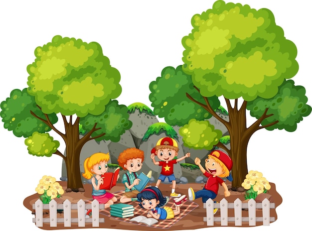 Children in the garden outdoor scene on white background